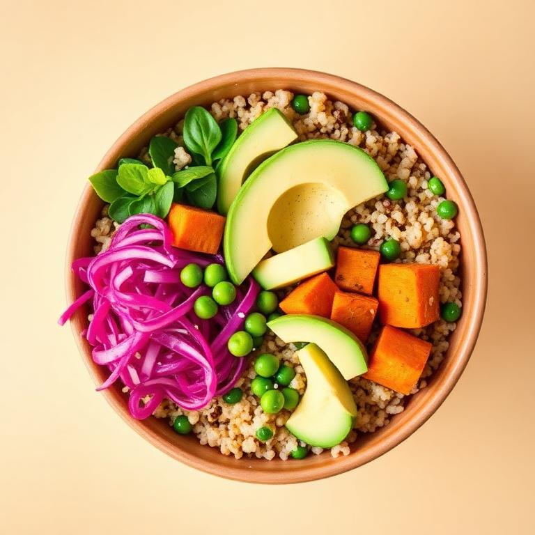 A vibrant grain bowl with avocado, sweet potato and pickled cabbage